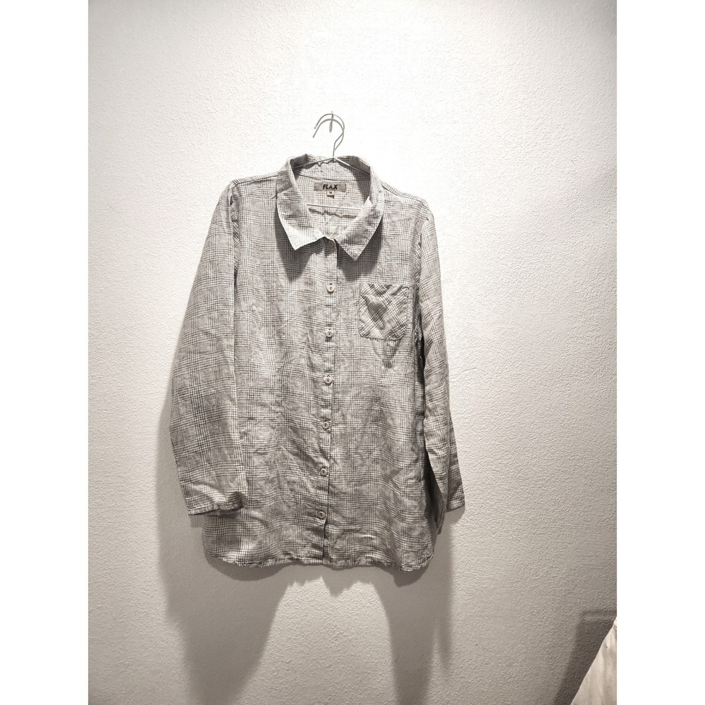 FLAX Linen Button Front‎ Shirt Plaid Natural Beige Size M Made Lithuania NWOT